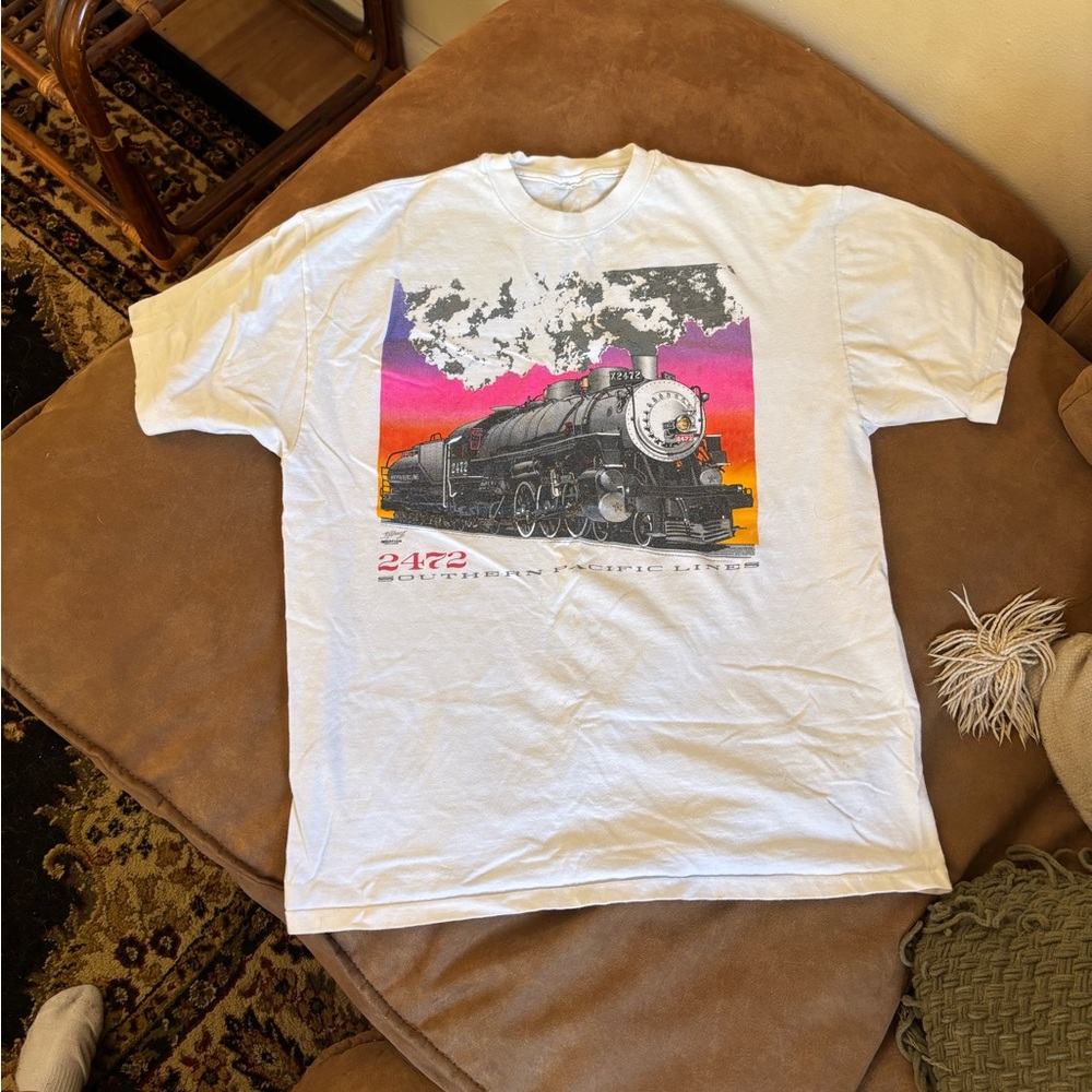 White Graphic Train Crewneck T-Shirt - Sunset Engine Design